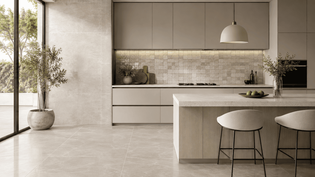 سرامیک آشپزخانه با کف پرسلان روشن، دیوار سرامیکی و بین کابینتی