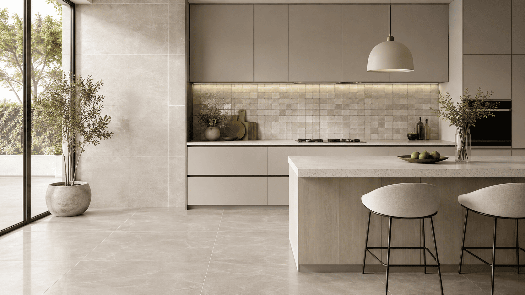 سرامیک آشپزخانه با کف پرسلان روشن، دیوار سرامیکی و بین کابینتی