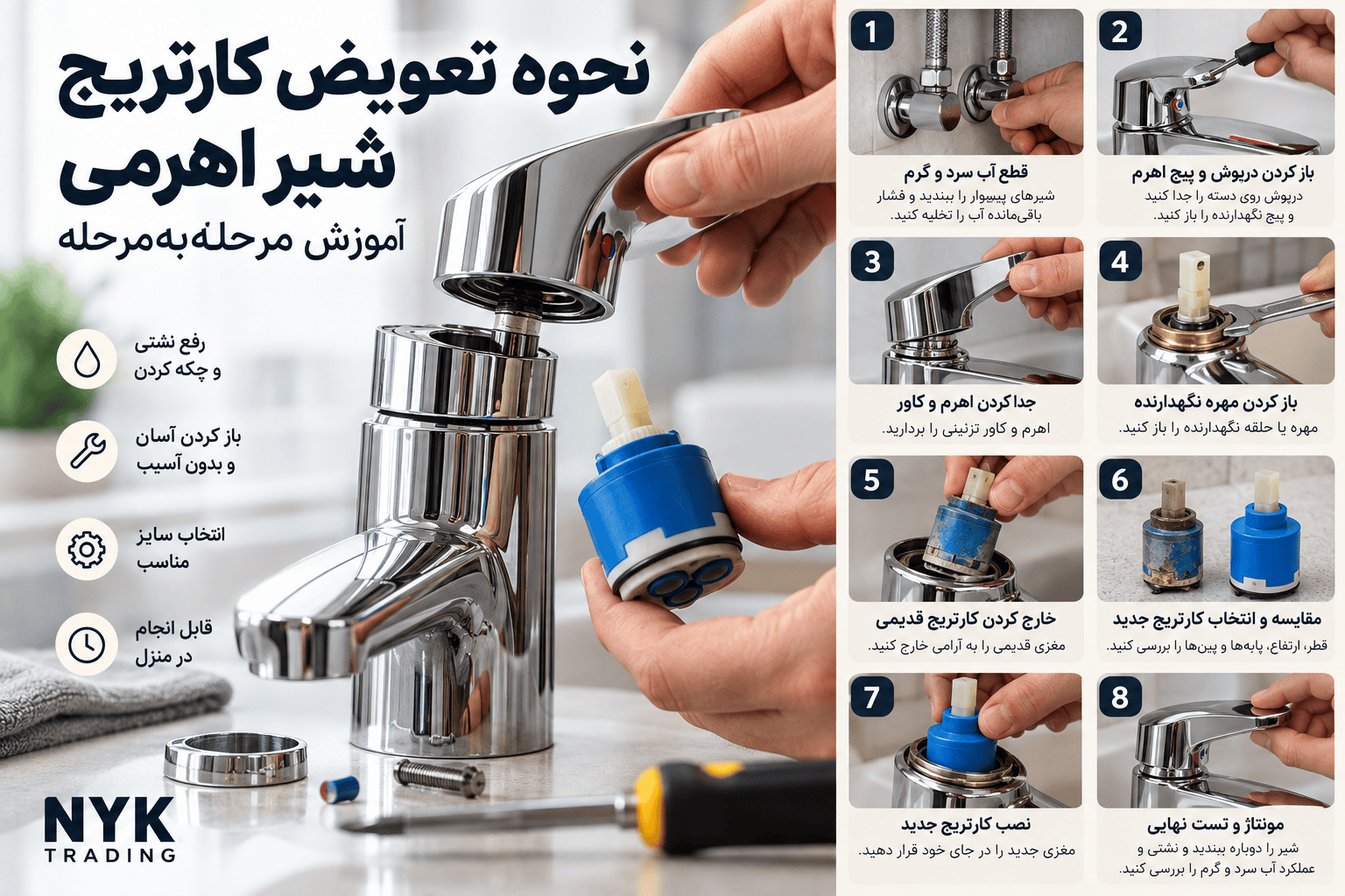 آموزش تصویری تعویض کارتریج شیر اهرمی از قطع آب تا نصب مغزی جدید و تست نهایی شیر