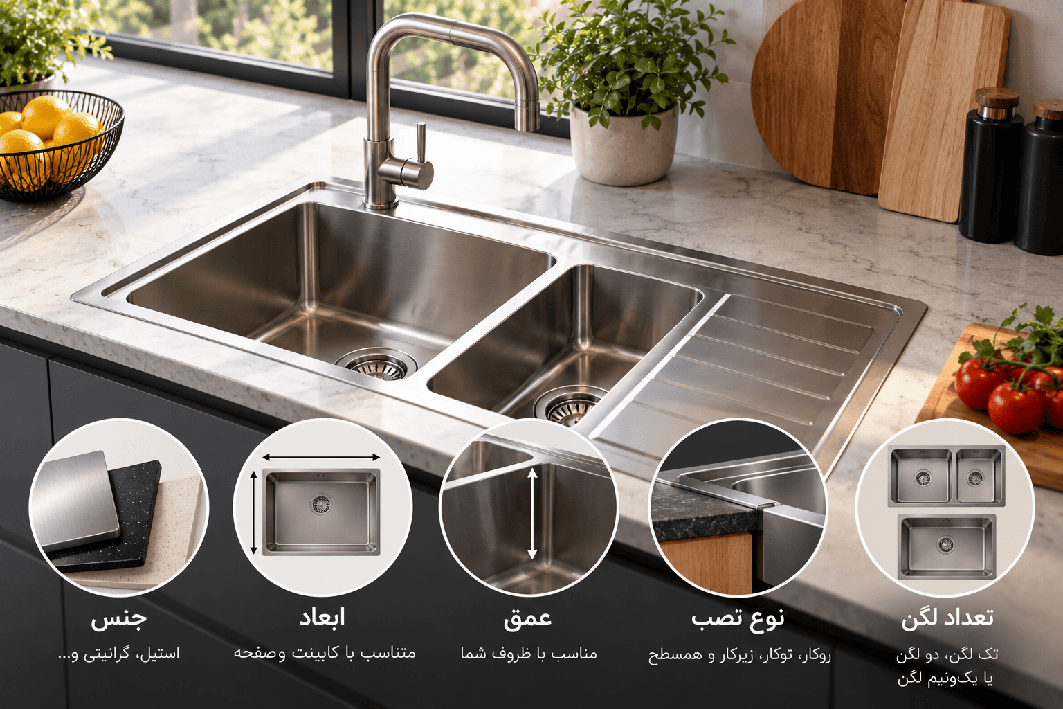 سینک ظرفشویی استیل مدرن با نمایش معیارهای انتخاب شامل جنس، ابعاد، عمق، نوع نصب و تعداد لگن