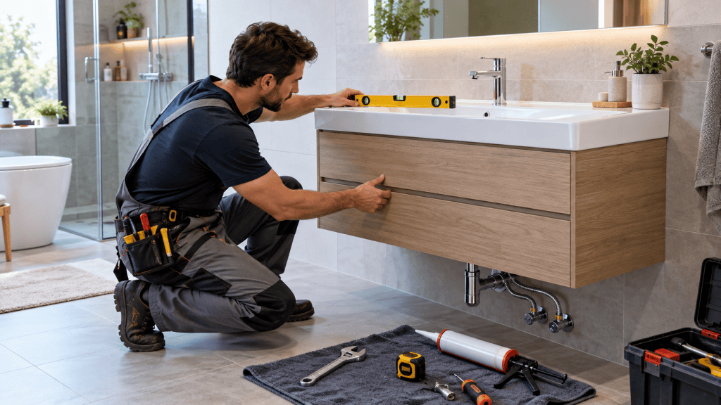 نصاب در حال تراز کردن و نصب روشویی کابینتی دیواری در حمام مدرن