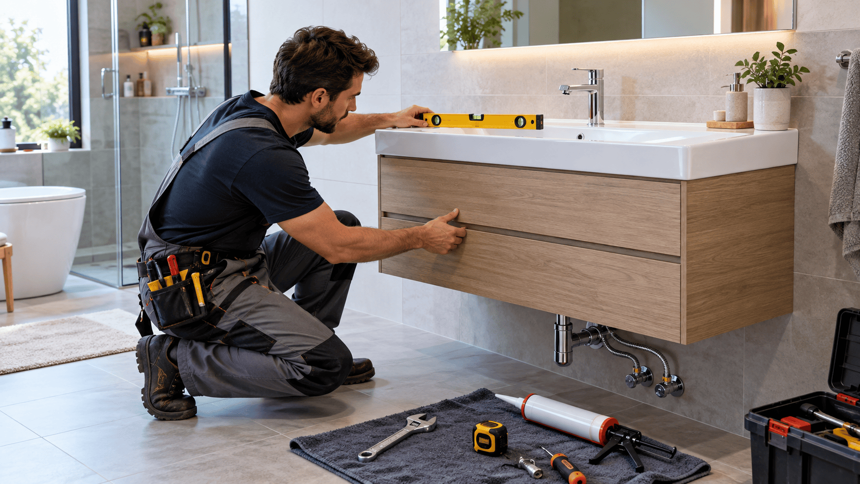 نصاب در حال تراز کردن و نصب روشویی کابینتی دیواری در حمام مدرن