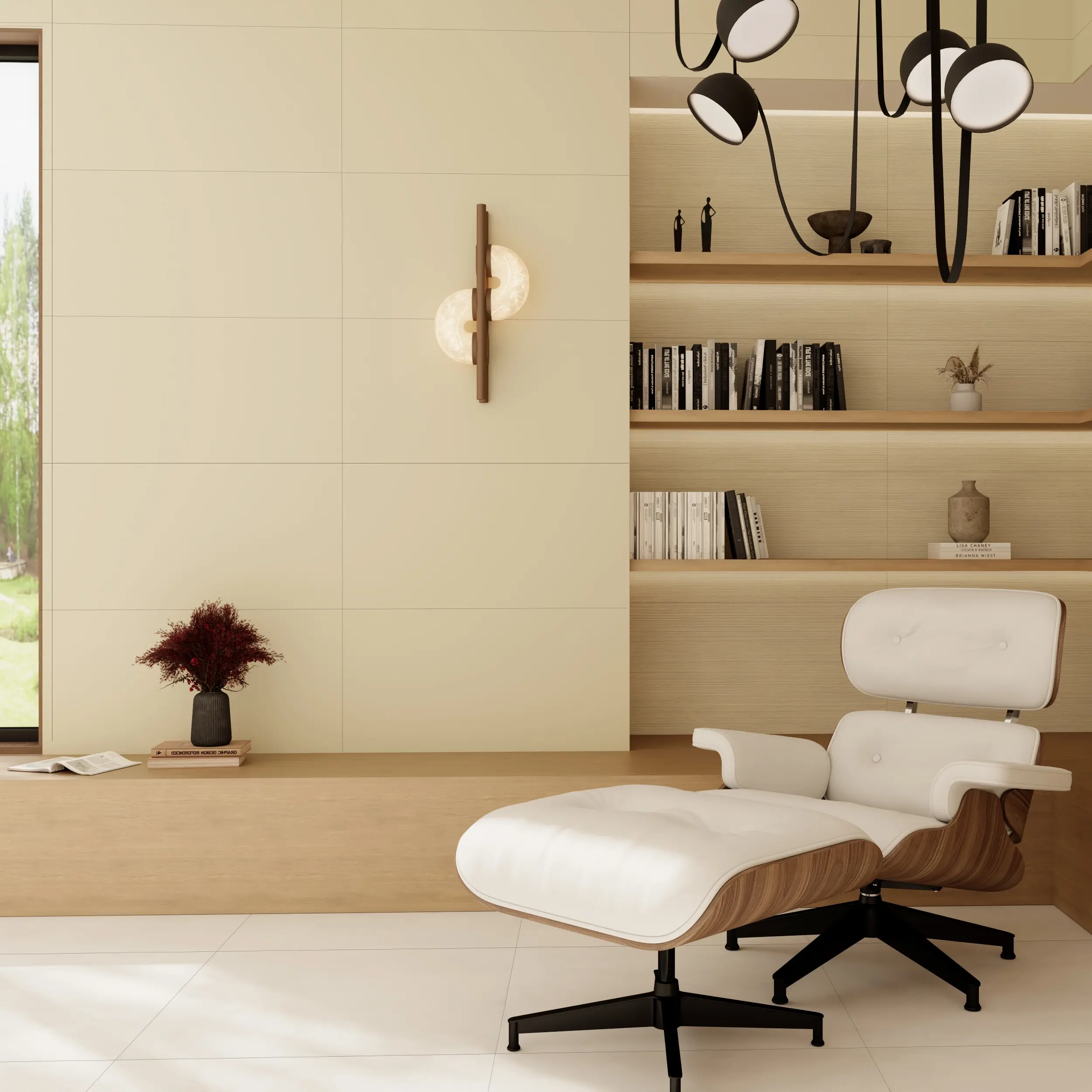 کاشی دیواری یونی گریژ در فضای نشیمن مدرن با کف روشن، کتابخانه چوبی و صندلی سفید.
