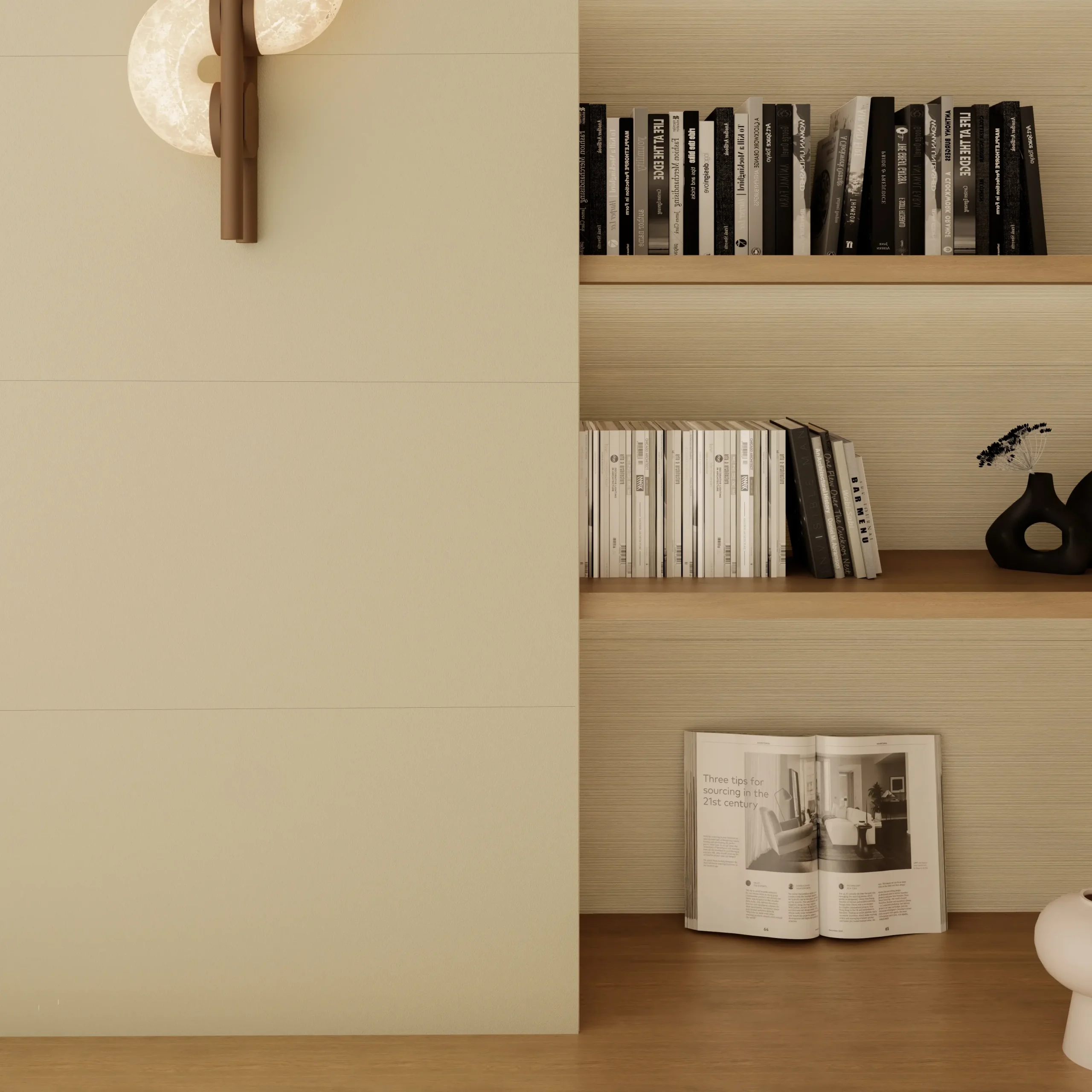 نمای نزدیک کاشی دیواری یونی گریژ در کنار قفسههای چوبی، کتابها و اکسسوریهای دکوراتیو.