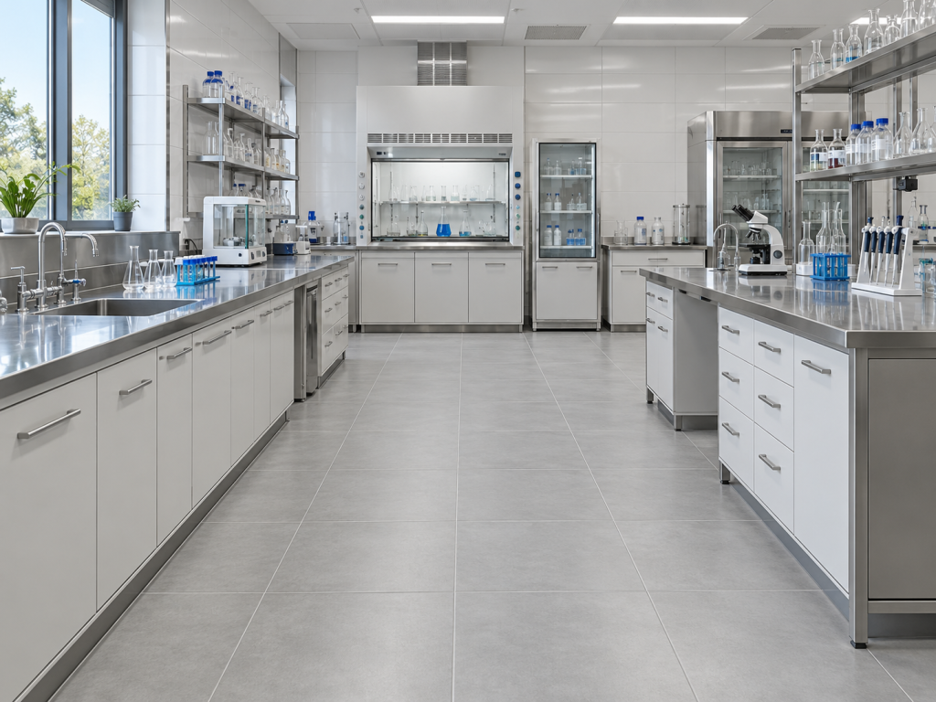 سرامیک کف آزمایشگاه با تایلهای پرسلانی خاکستری روشن در محیط آزمایشگاهی مدرن